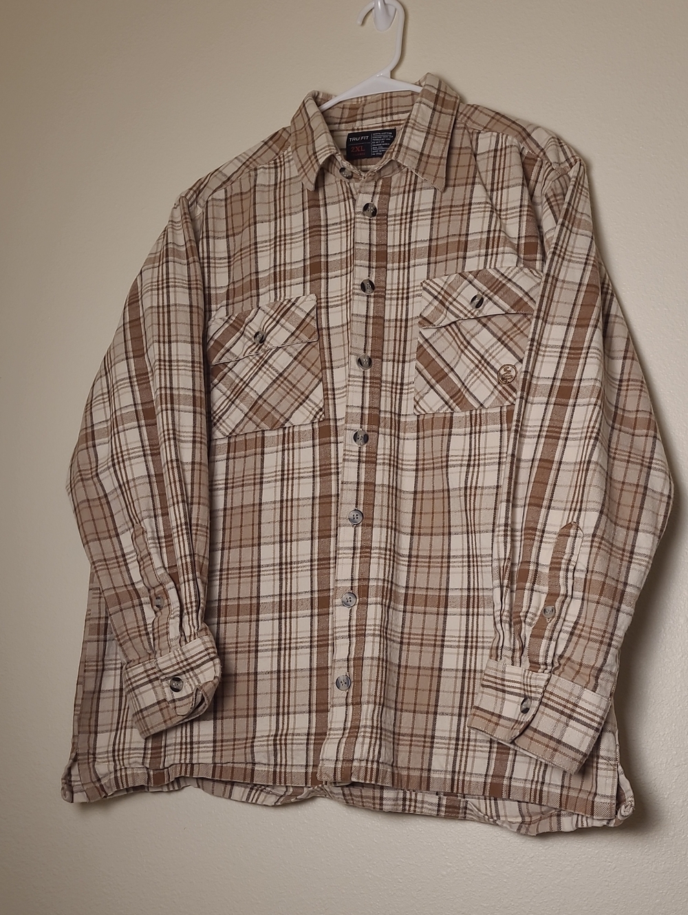 Tru Fit Men's 2XL Brown Plaid Flannel Heavyweight  Button-Down Shirt 100% Cotton